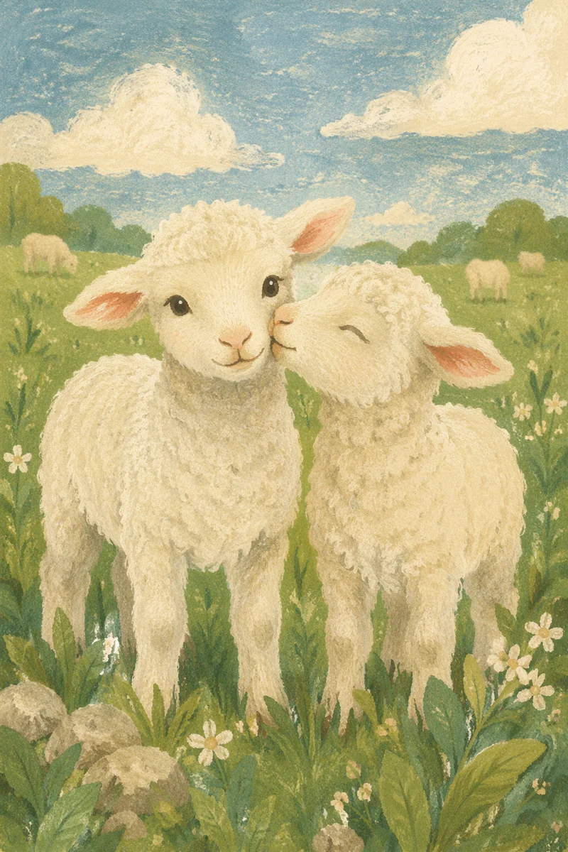 Gentle Lambs in Evergreen Meadow Light