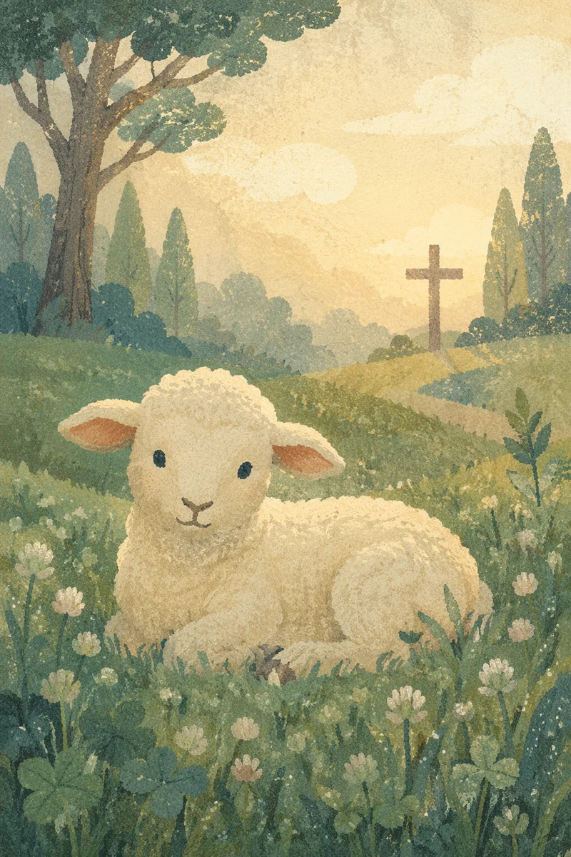 Gentle Lamb in Evergreen Meadow Light