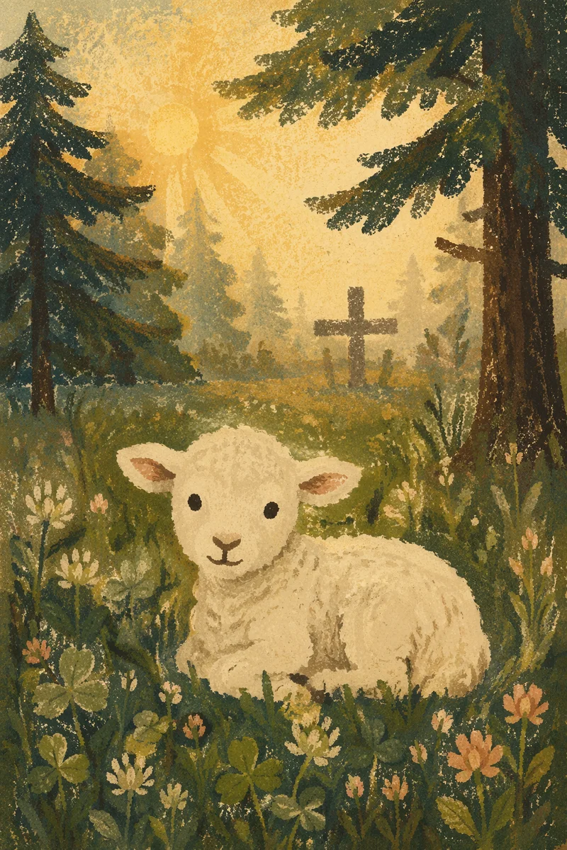 White Lamb in Evergreen Meadow Light