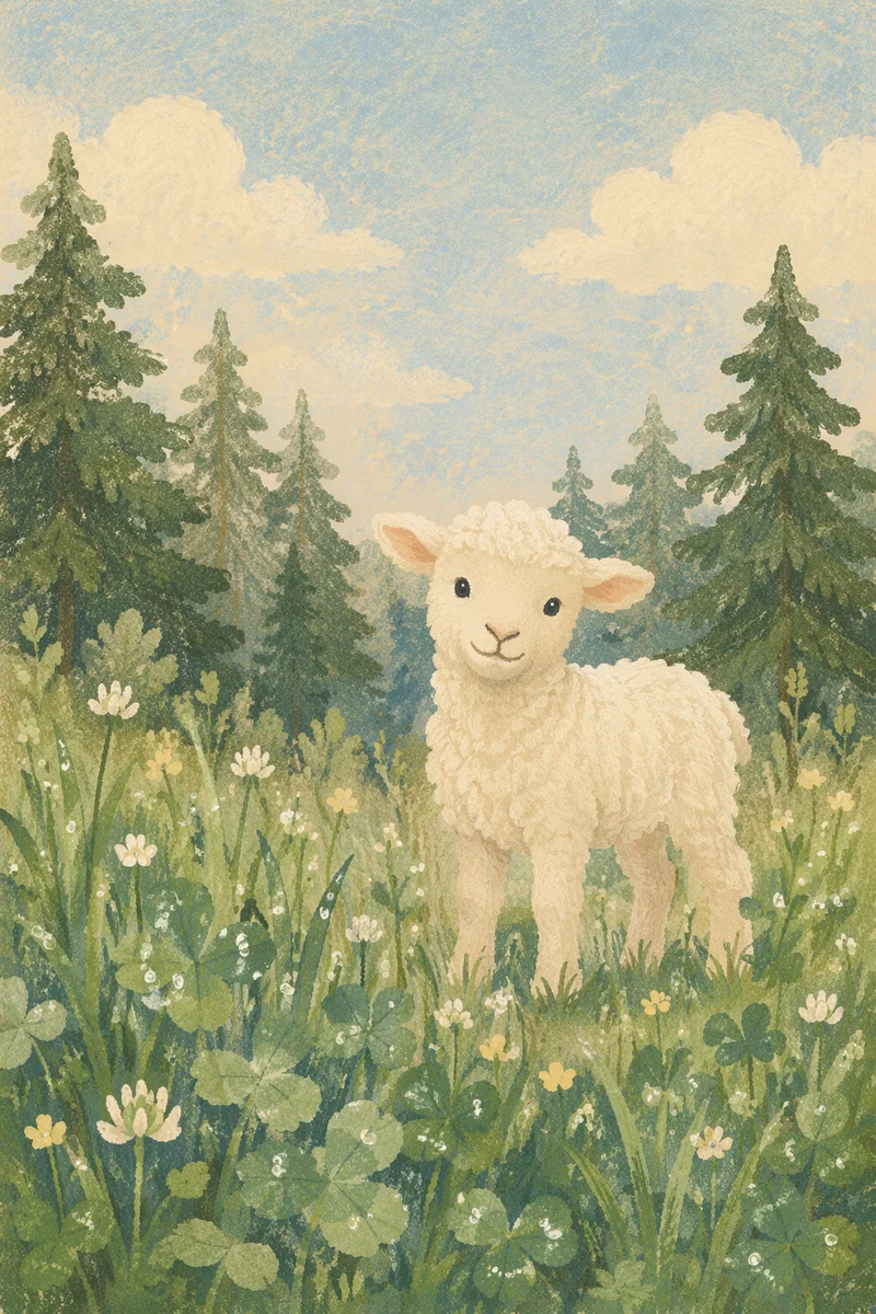 Gentle Lamb in Evergreen Meadow Light