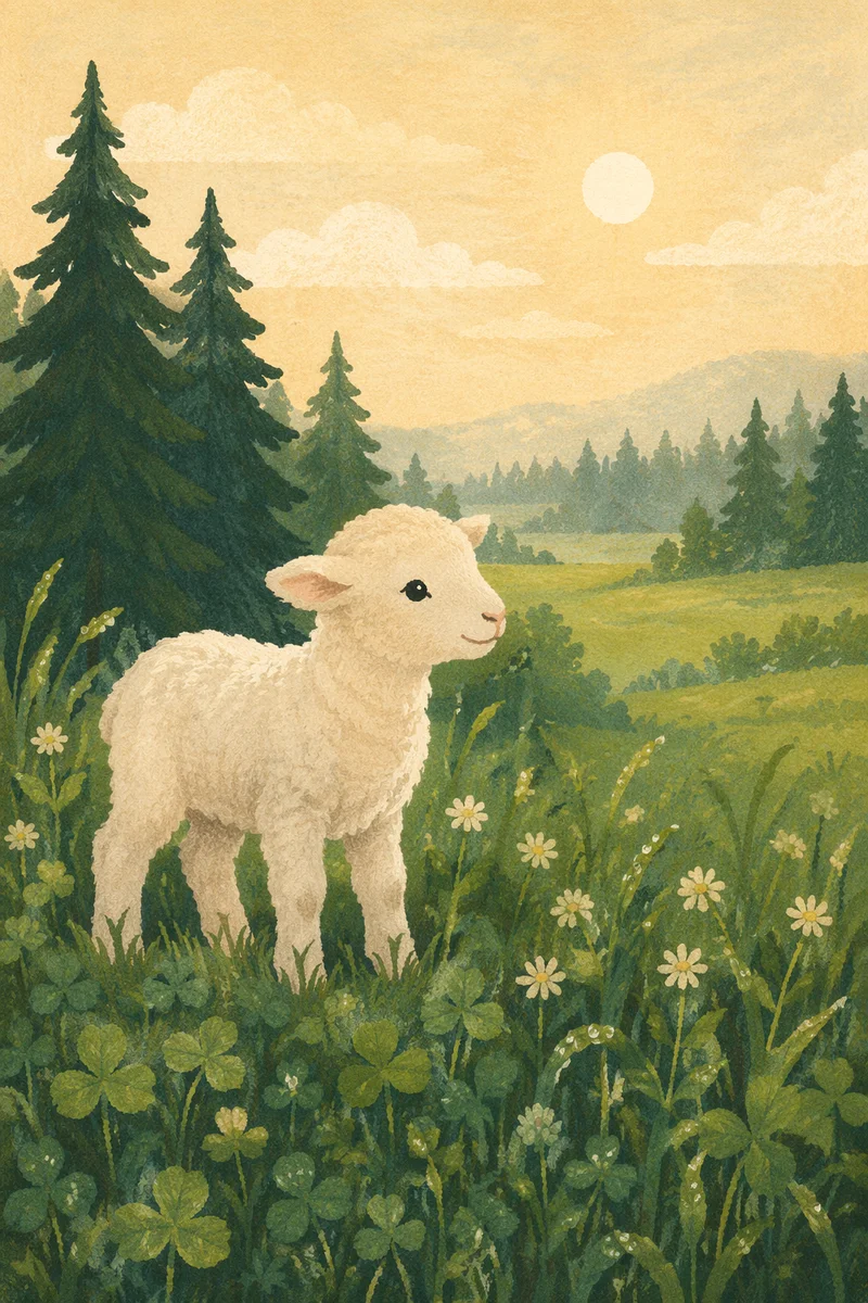 Young White Lamb in Evergreen Meadow