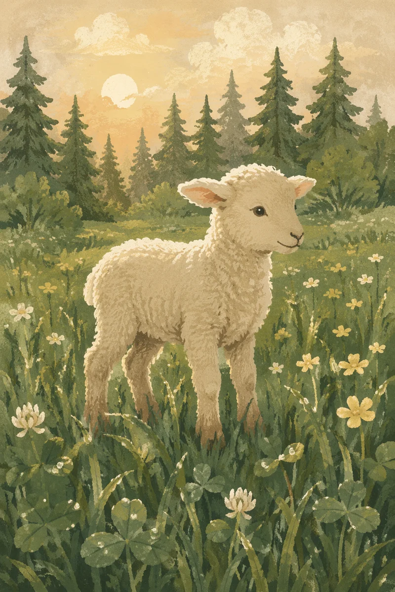 Gentle Lamb in Evergreen Morning Meadow