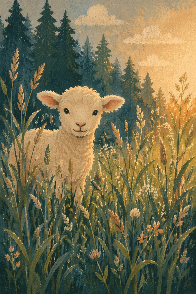 Gentle Lamb in Evergreen Meadow Light
