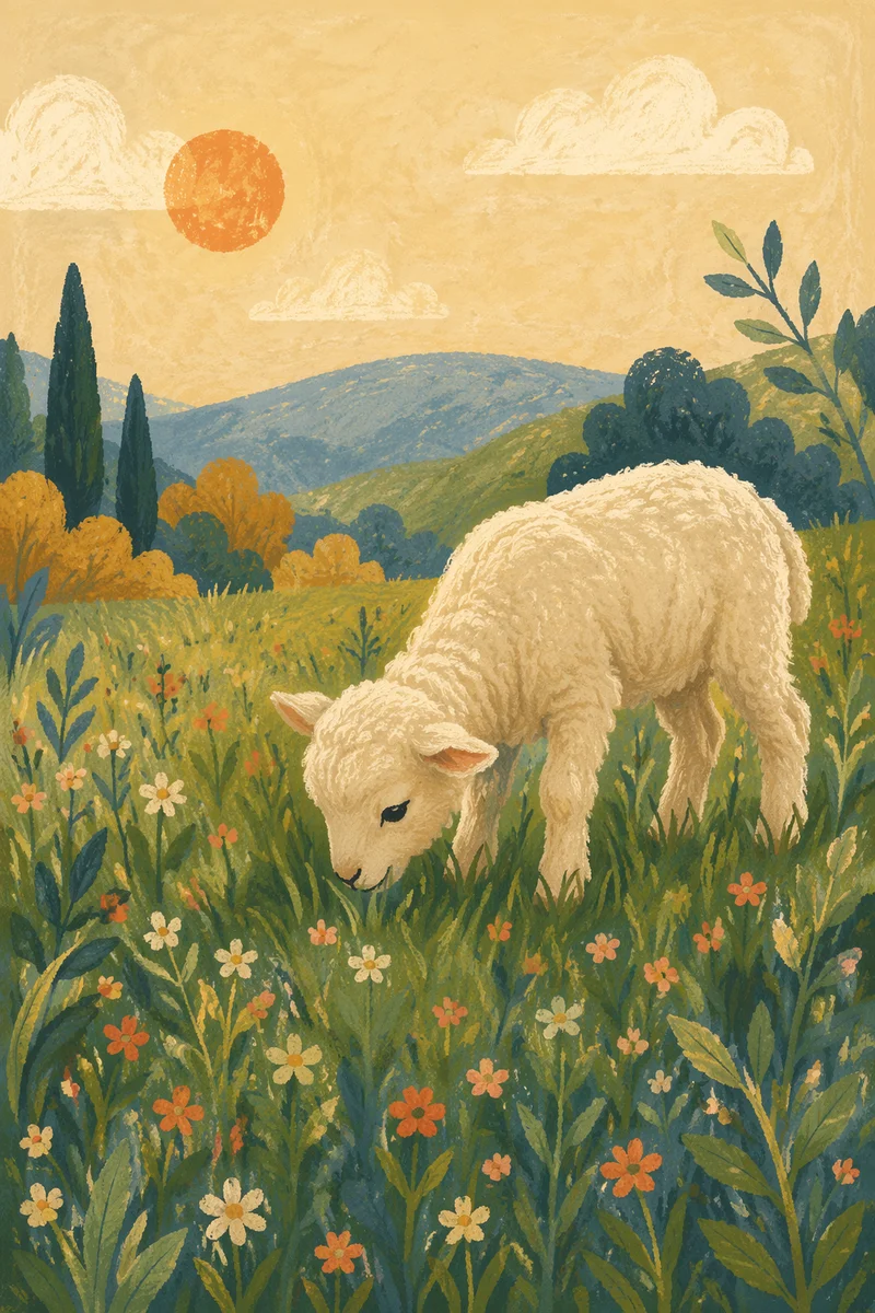 Gentle Lamb in Evergreen Meadow Light