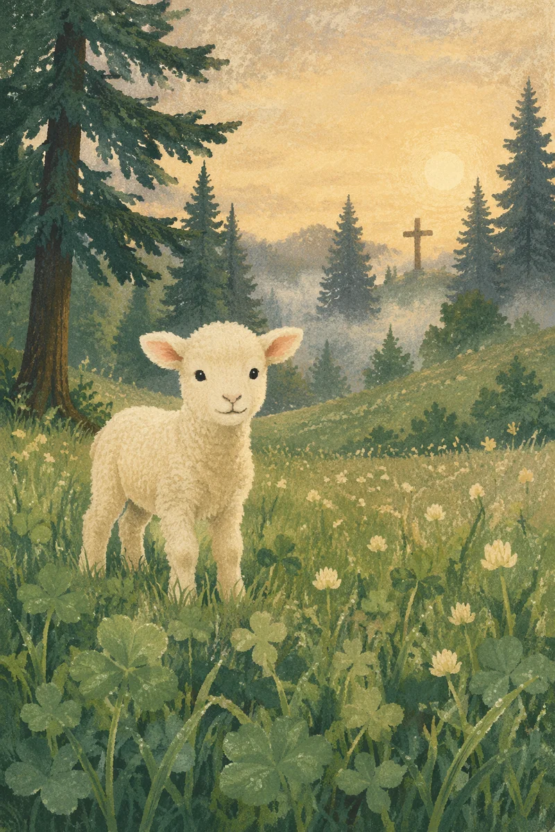 White Lamb in Evergreen Meadow Light