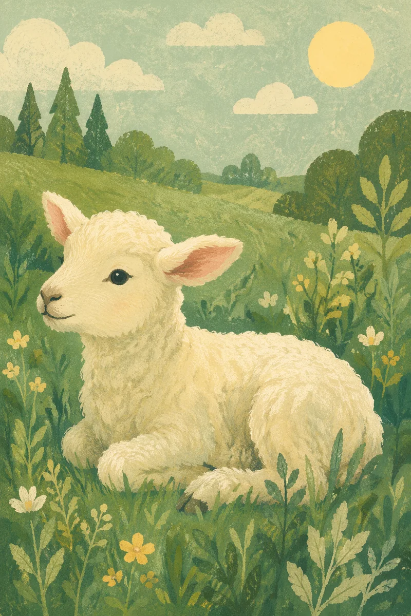 Gentle White Lamb in Evergreen Meadow