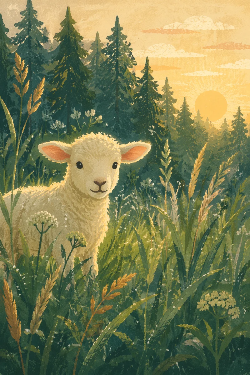 Gentle Lamb in Evergreen Meadow Light