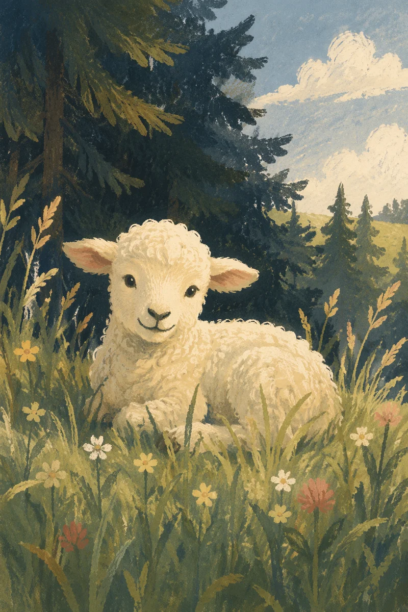 Gentle Lamb Resting in Evergreen Meadow