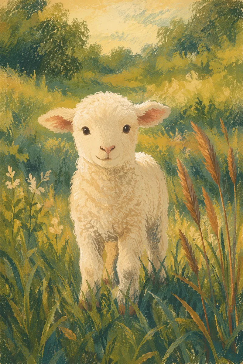 Peaceful White Lamb in Evergreen Meadow