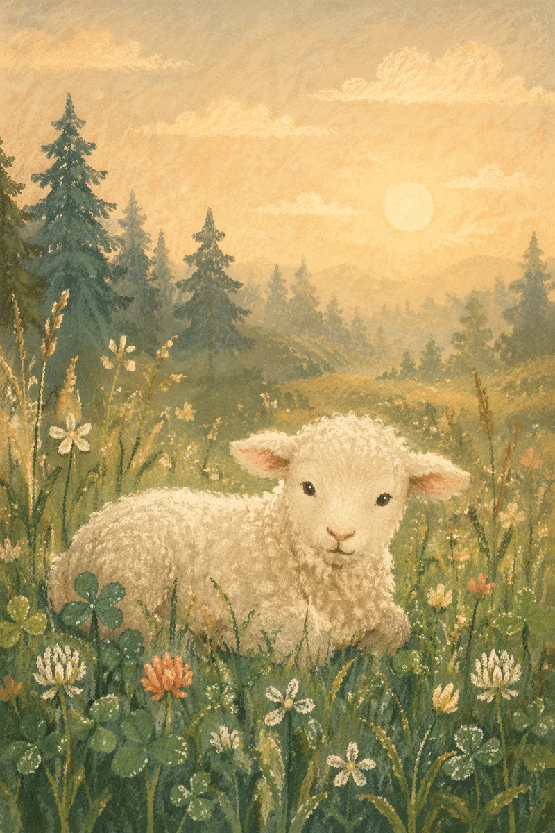 White Lamb in Evergreen Meadow Light