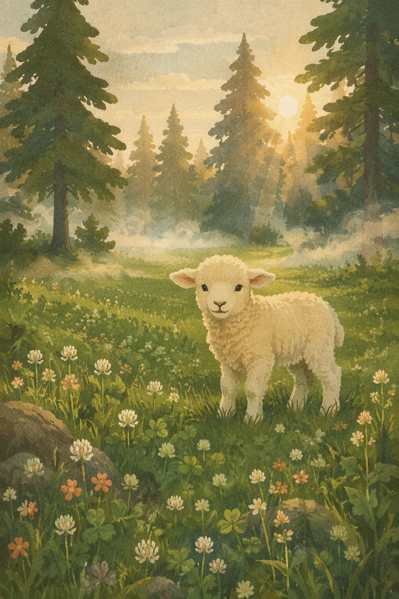 Gentle Lamb in Evergreen Meadow Light
