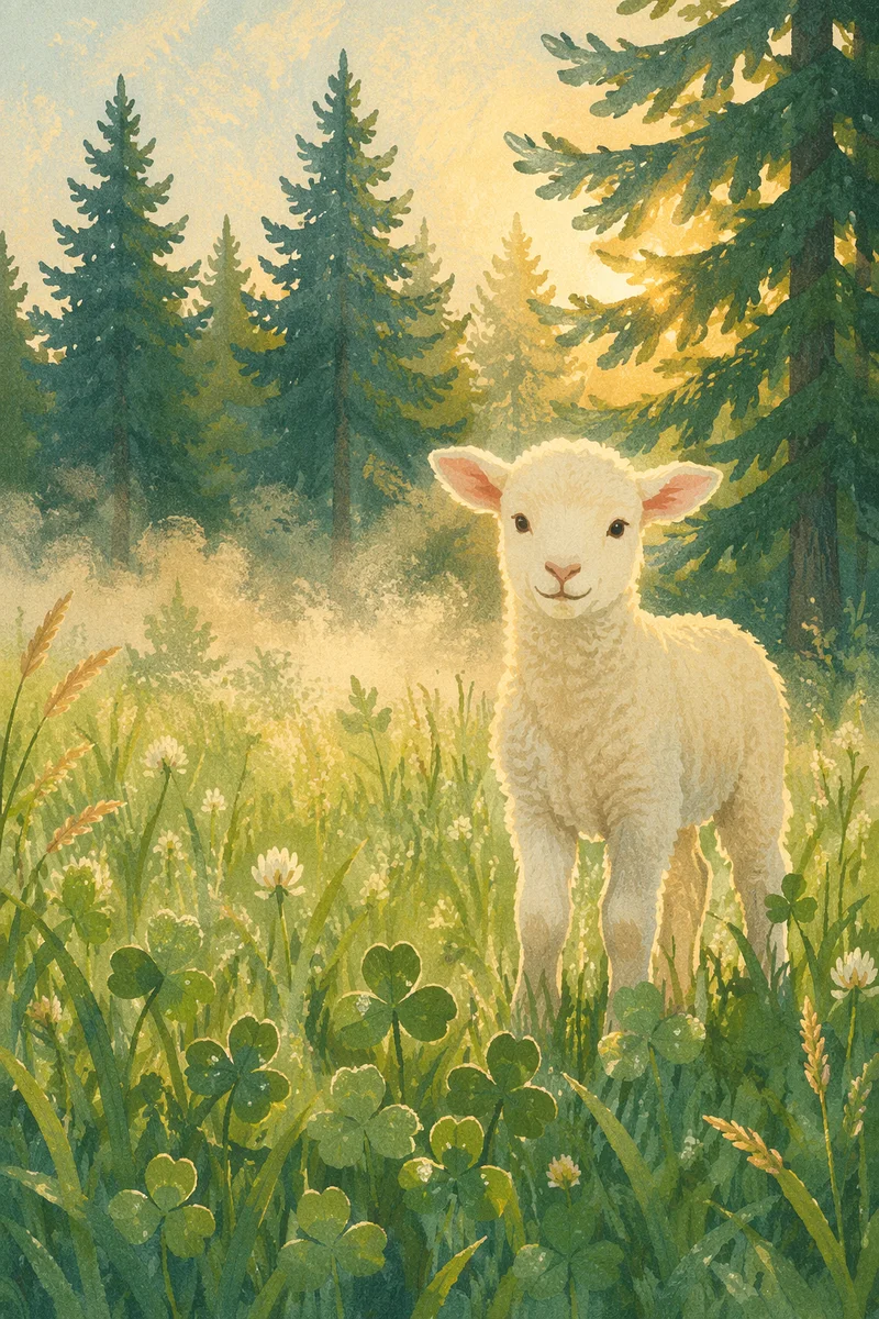 Gentle Lamb in Evergreen Meadow Light