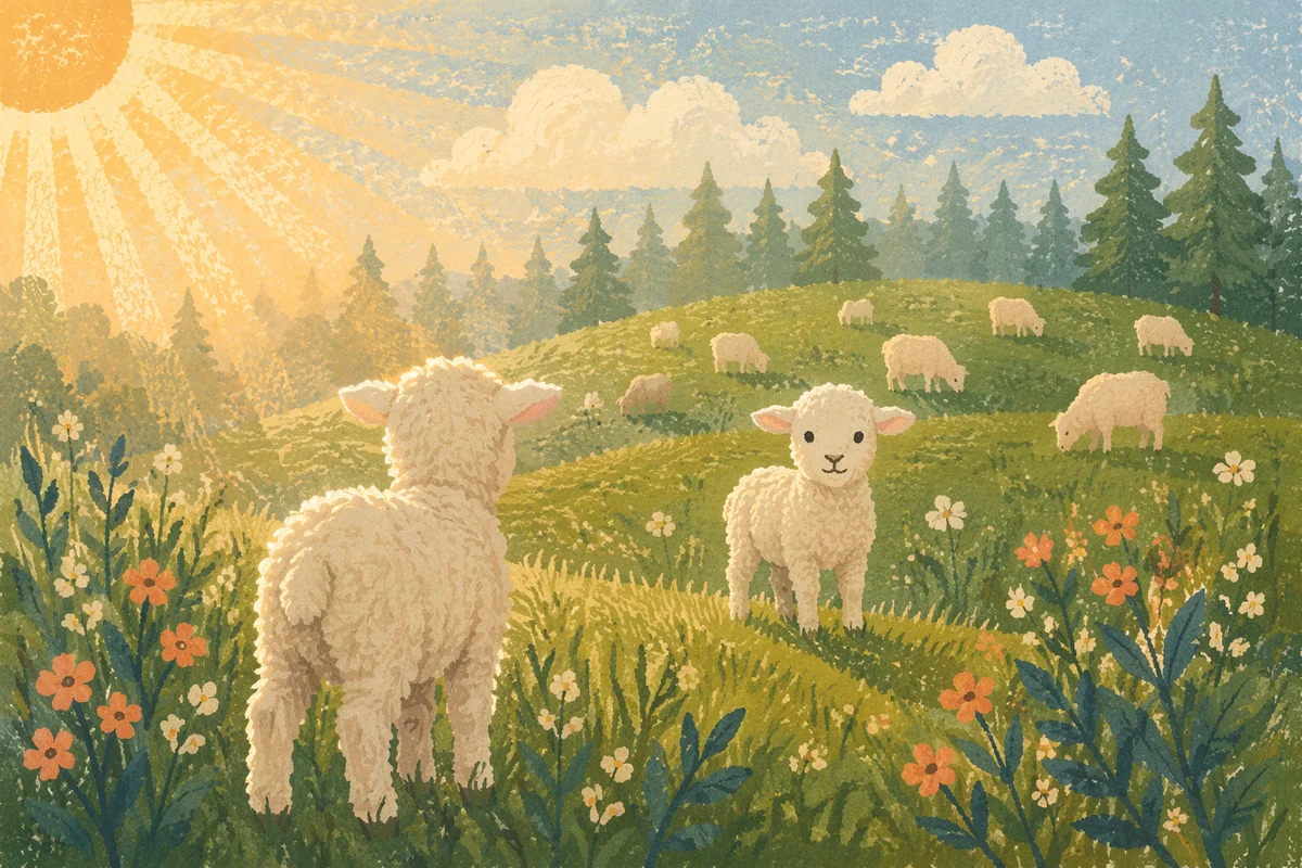 Gentle Lambs in Evergreen Meadow Light