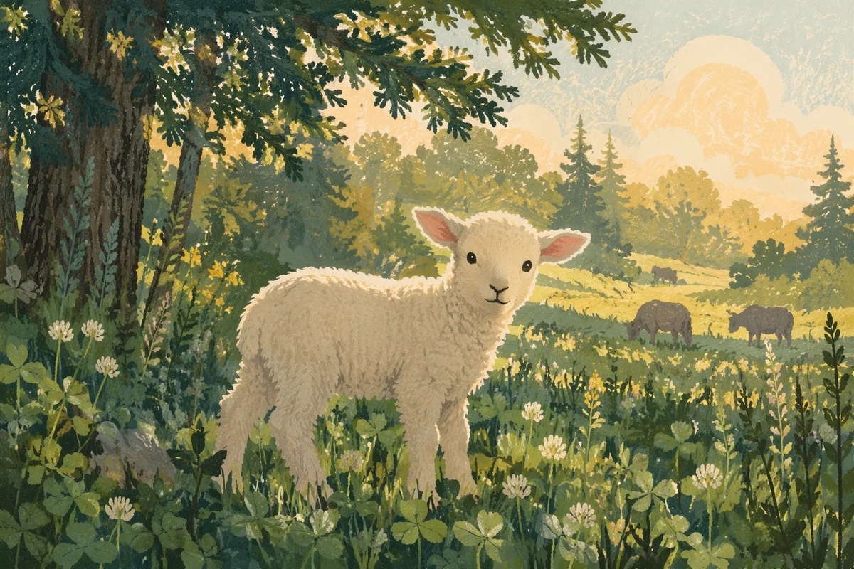 Gentle Lamb in Evergreen Meadow Light