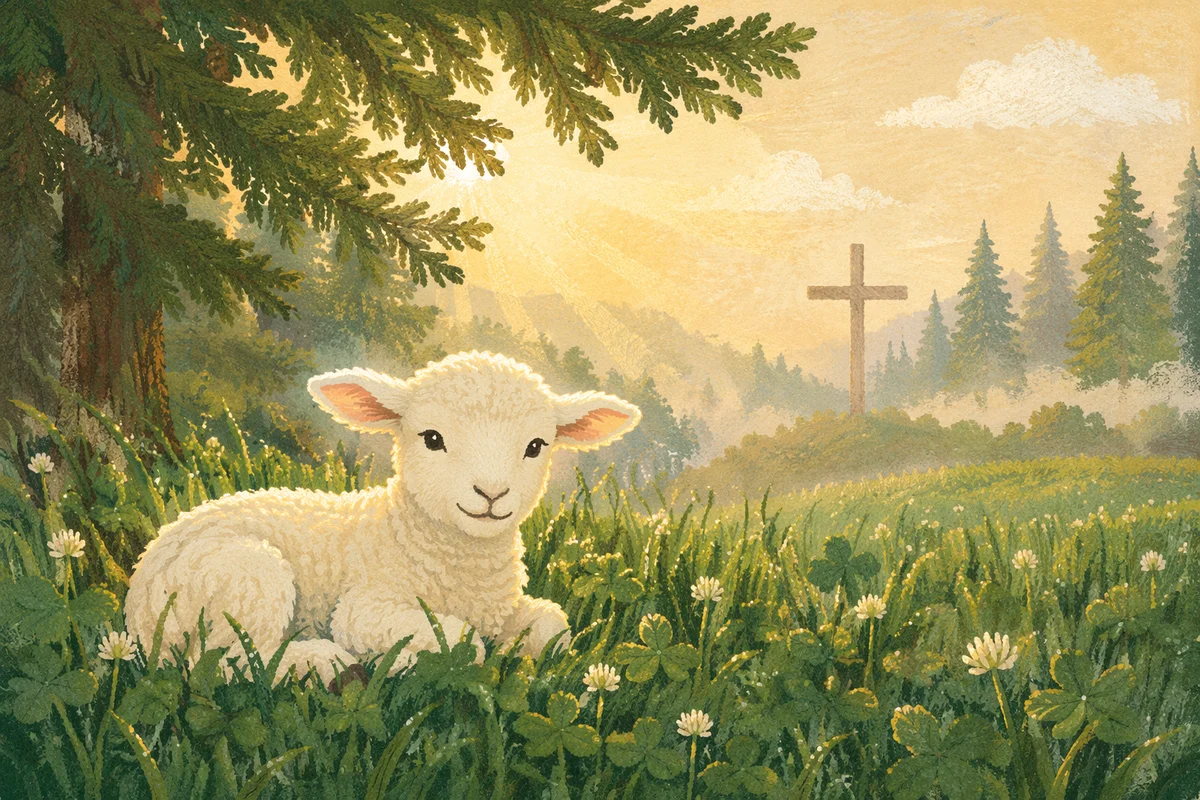 White Lamb in Evergreen Meadow Light