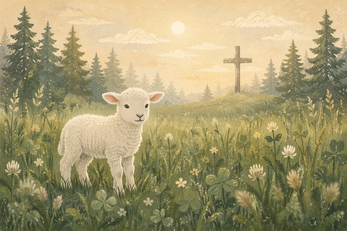 Gentle Lamb in Evergreen Meadow Light