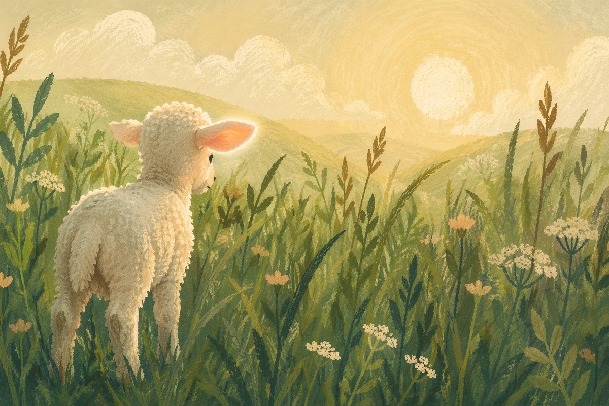 Gentle Lamb in Evergreen Meadow Light