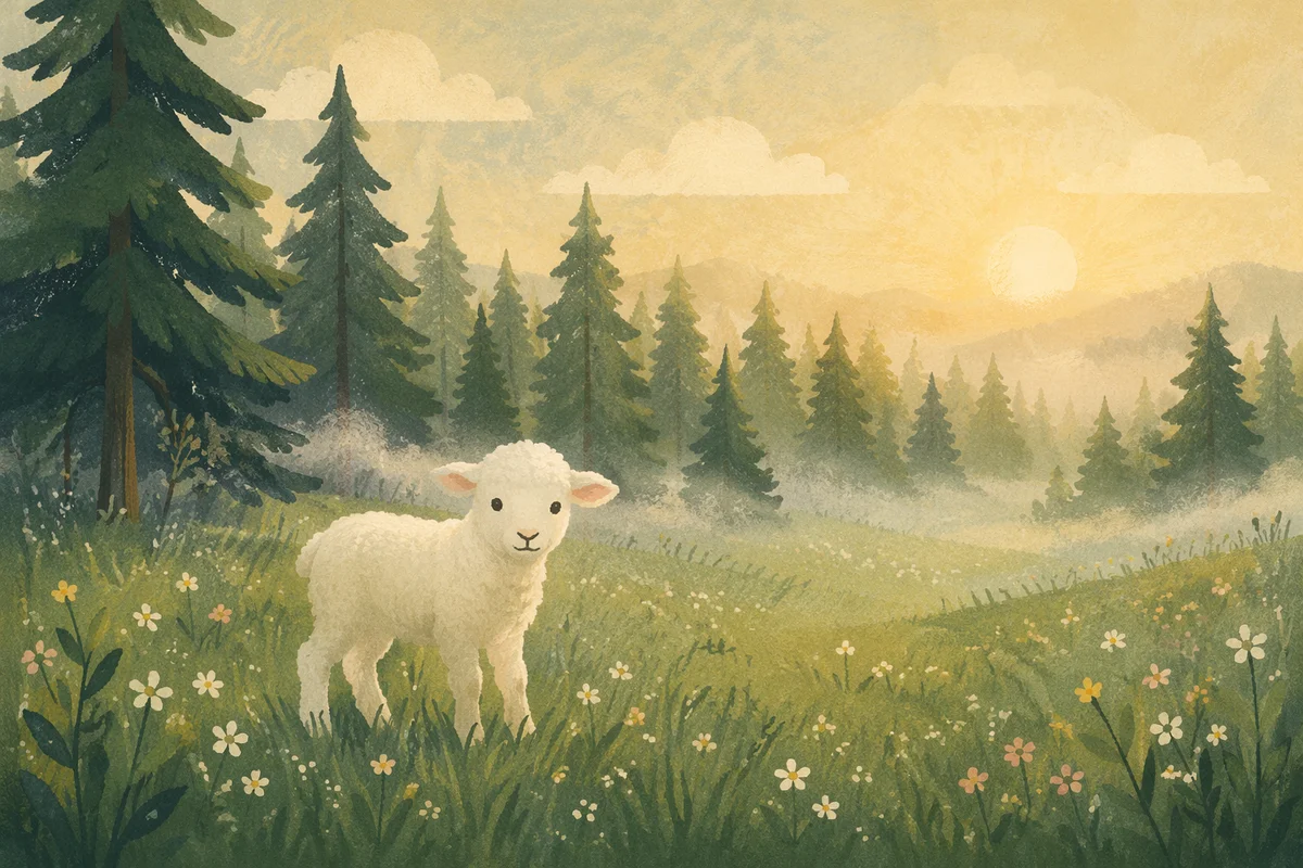 White Lamb in Evergreen Spring Meadow