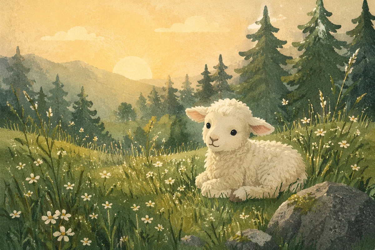 Gentle Lamb in Evergreen Meadow Light