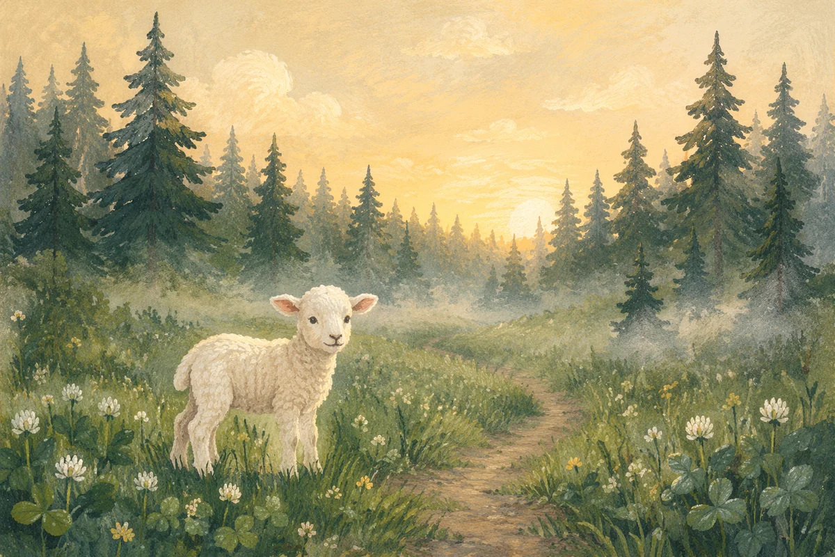 Gentle Lamb in Evergreen Meadow Light