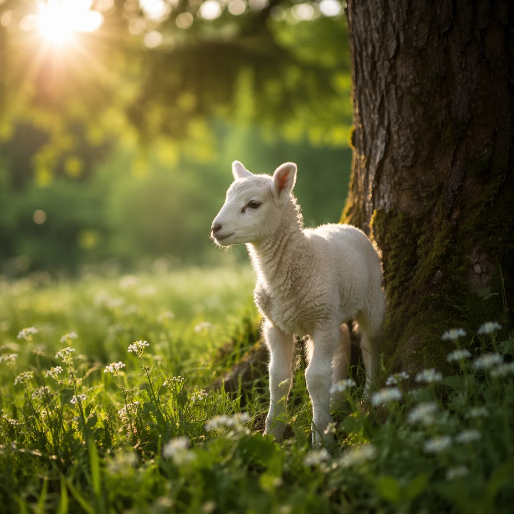 Gentle Lamb in Evergreen Meadow Light