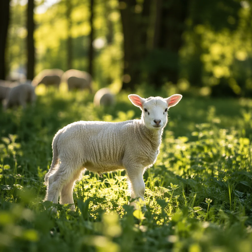 Gentle Lamb in Sunlit Evergreen Meadow