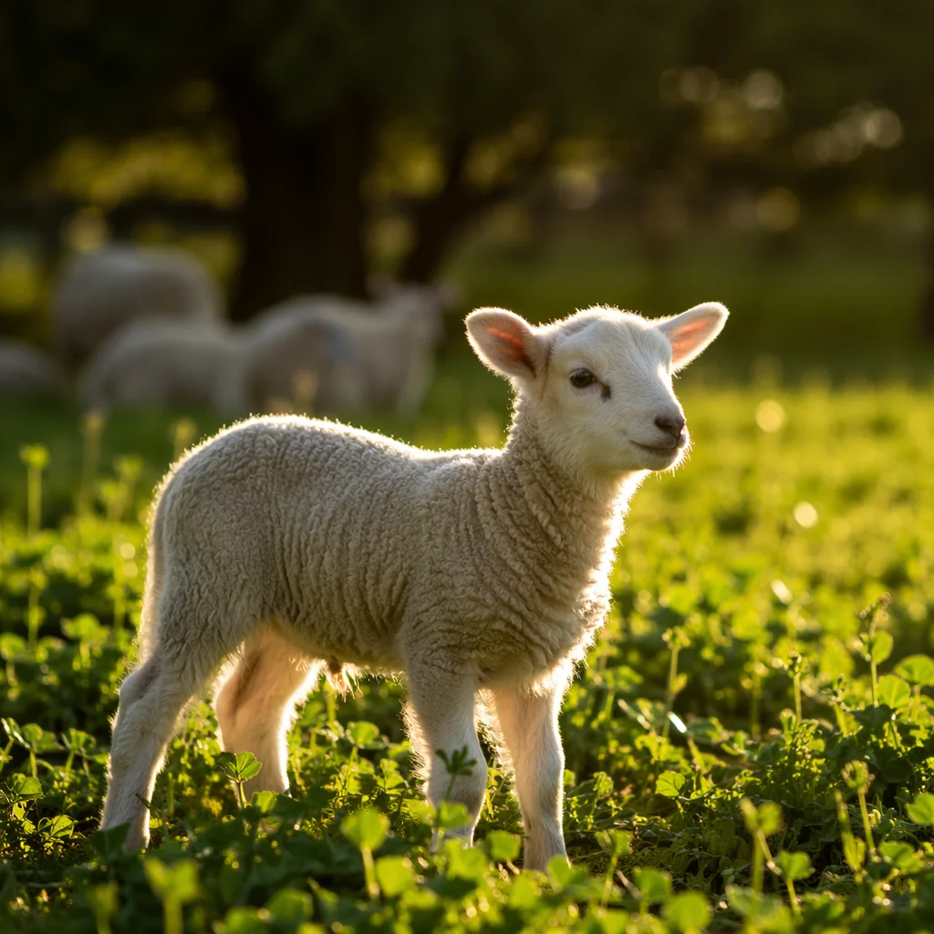 Gentle Lamb in Evergreen Meadow Light