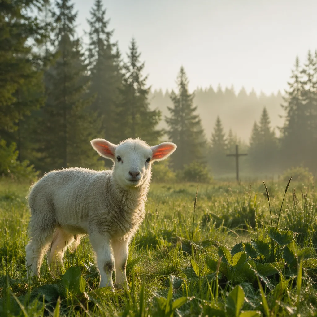 White Lamb in Evergreen Meadow Light