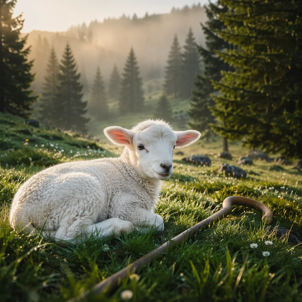 White Lamb in Evergreen Meadow Light