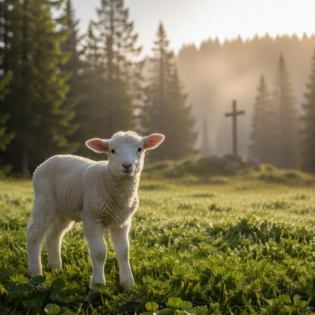 Gentle Lamb in Evergreen Meadow Light