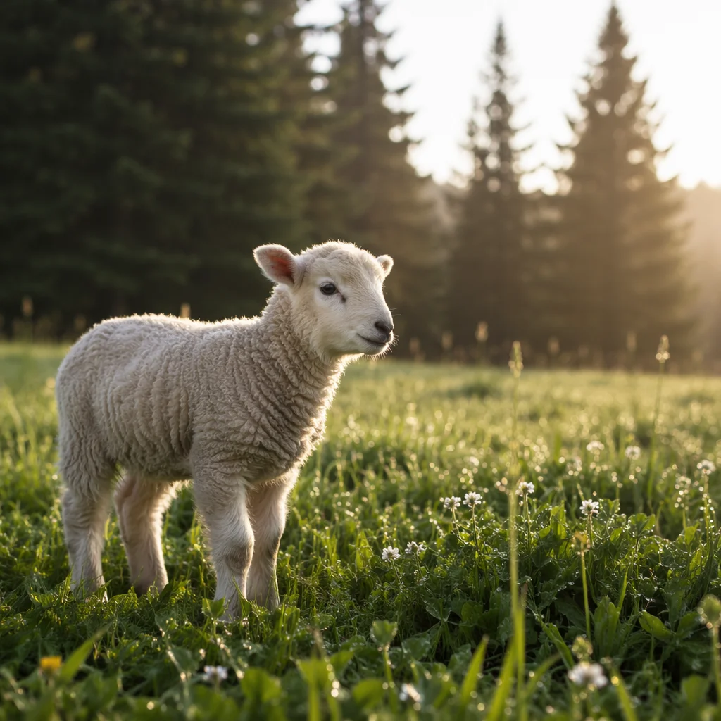 Young Lamb in Evergreen Morning Meadow