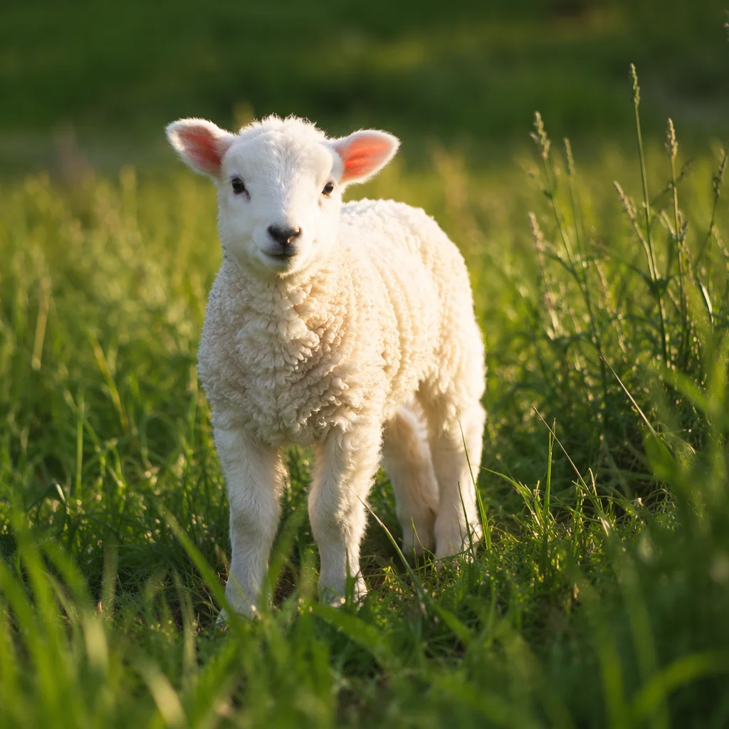 Gentle White Lamb in Evergreen Meadow