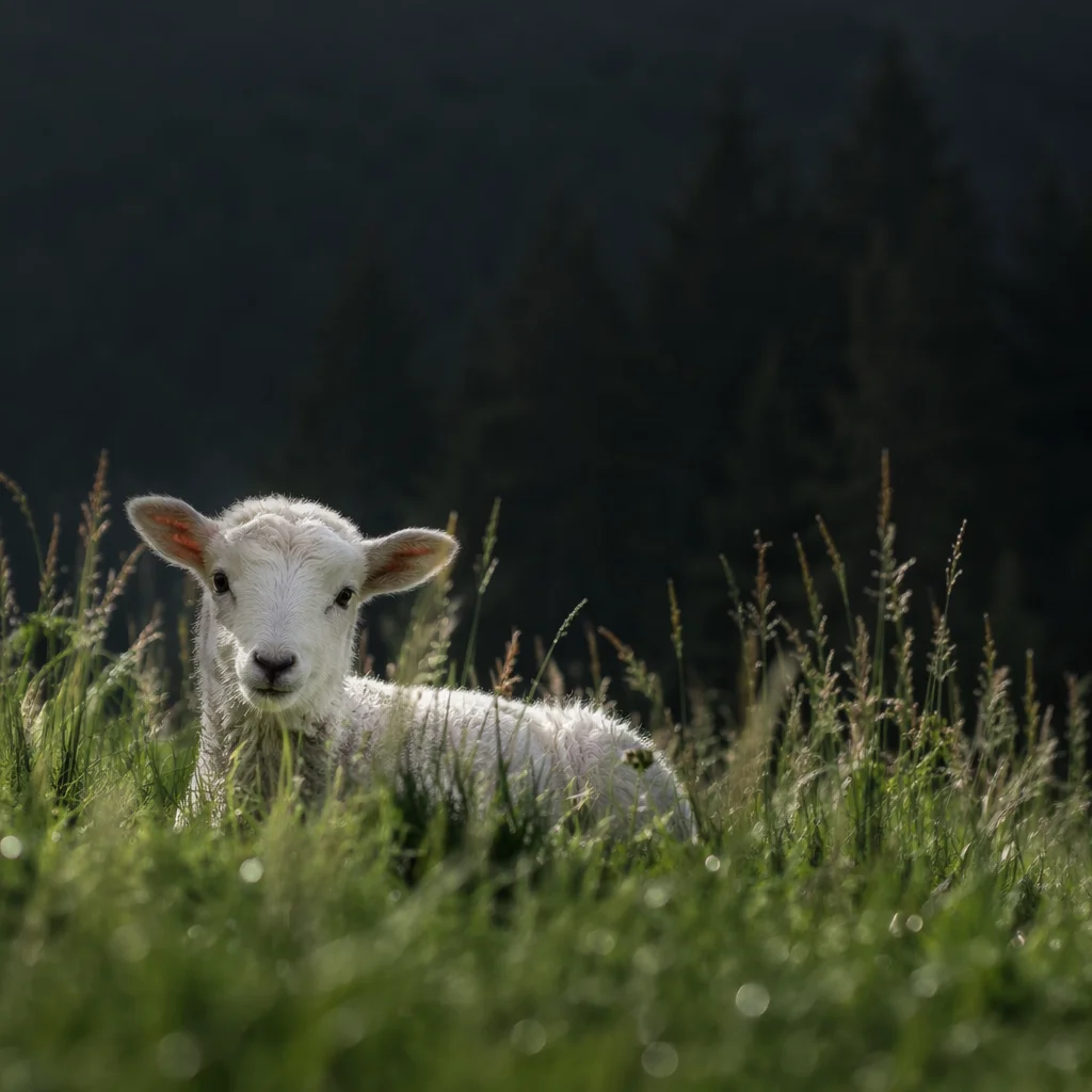 Gentle White Lamb in Evergreen Meadow