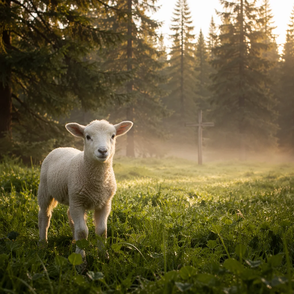 Gentle Lamb in Evergreen Meadow Light