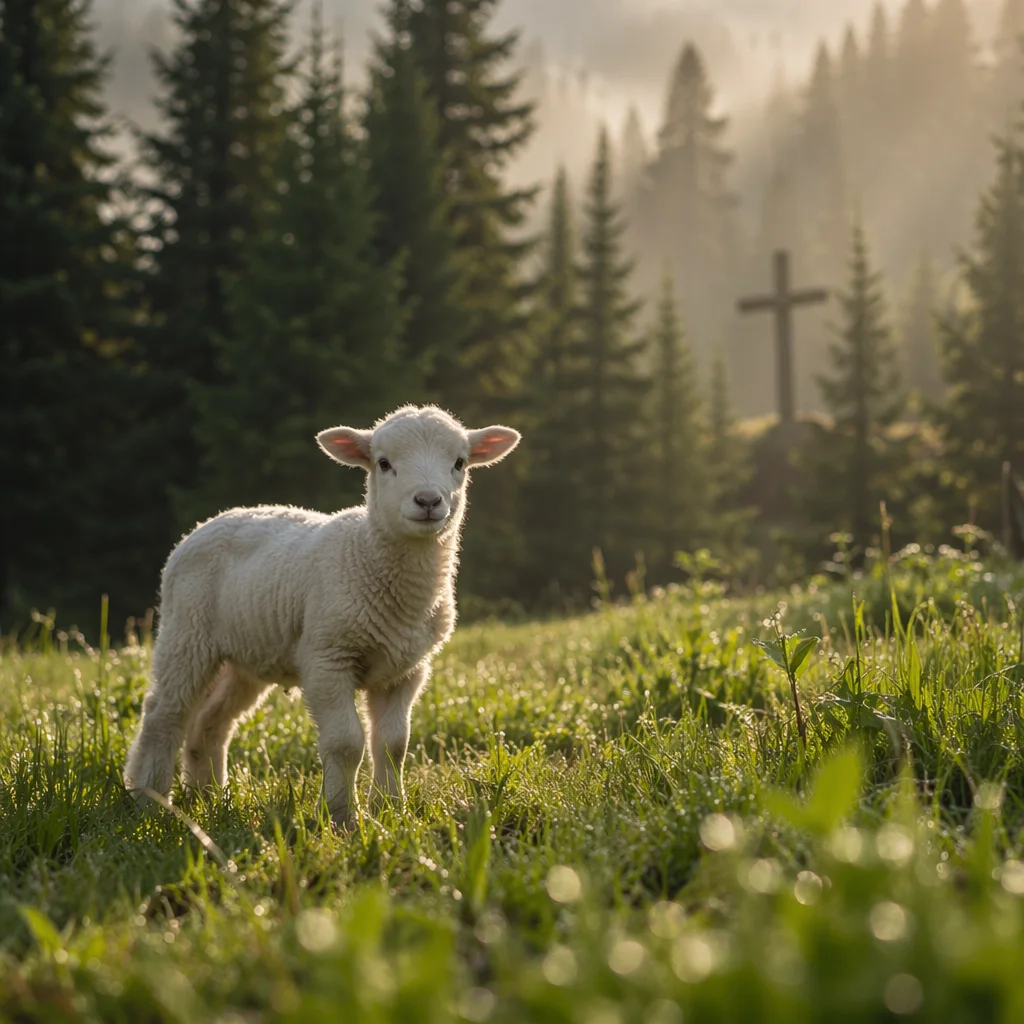 Gentle Lamb in Evergreen Morning Meadow