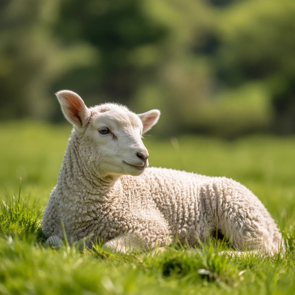 Young White Lamb in Evergreen Meadow