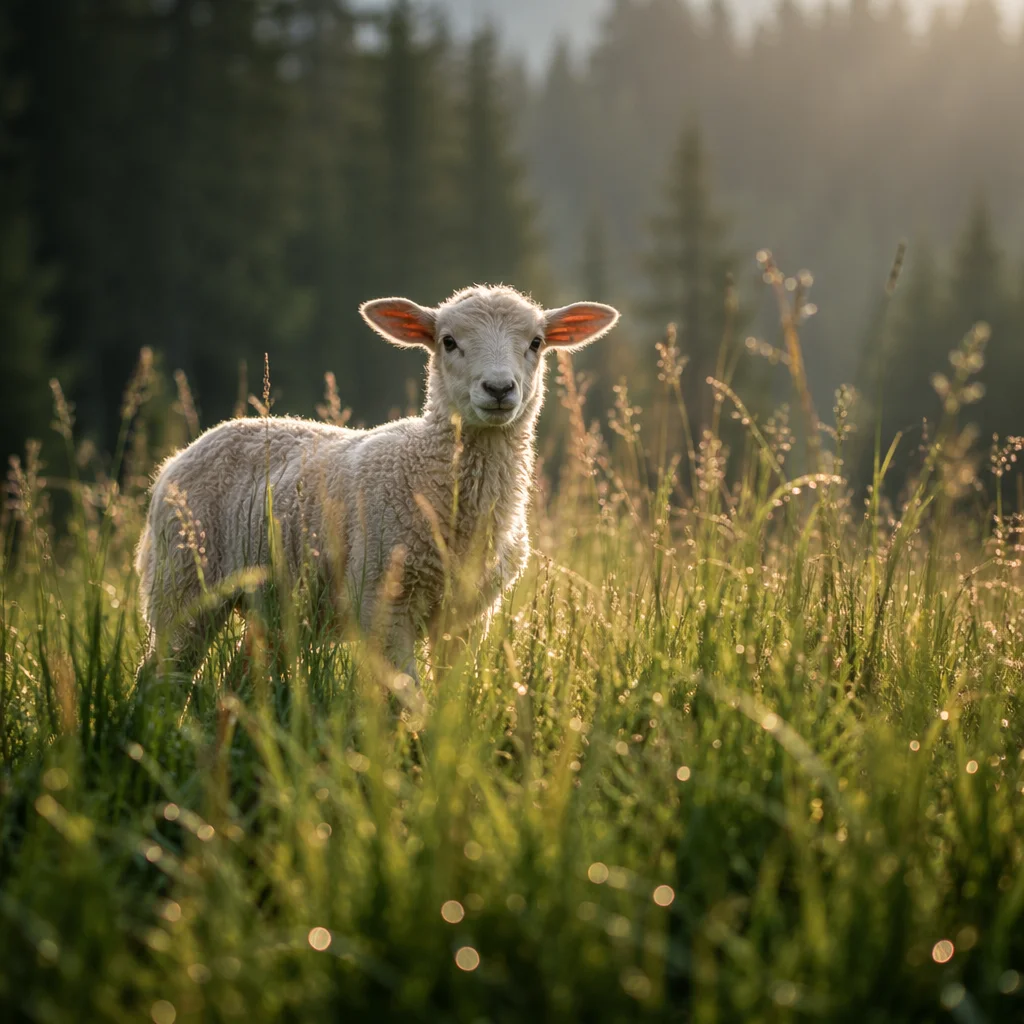 Gentle Lamb in Evergreen Meadow Light