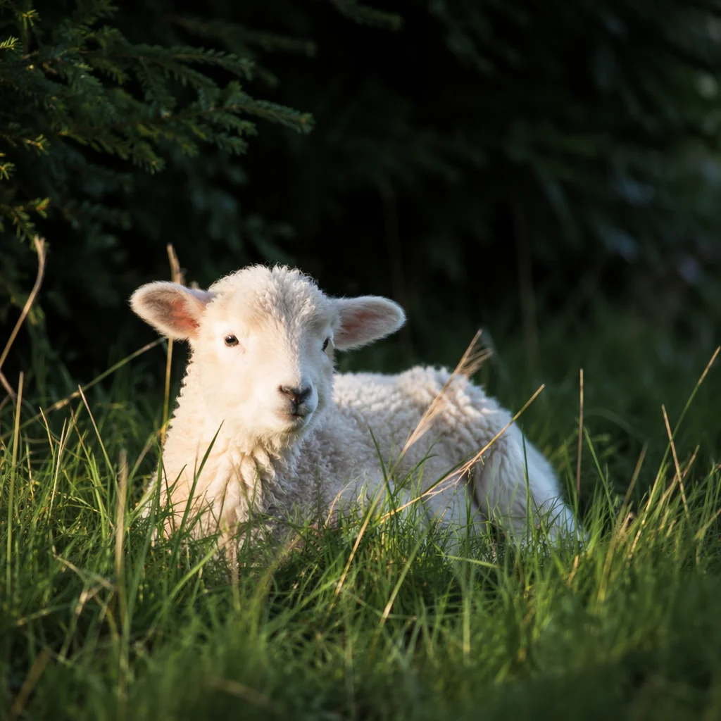 Gentle Lamb Resting in Evergreen Meadow