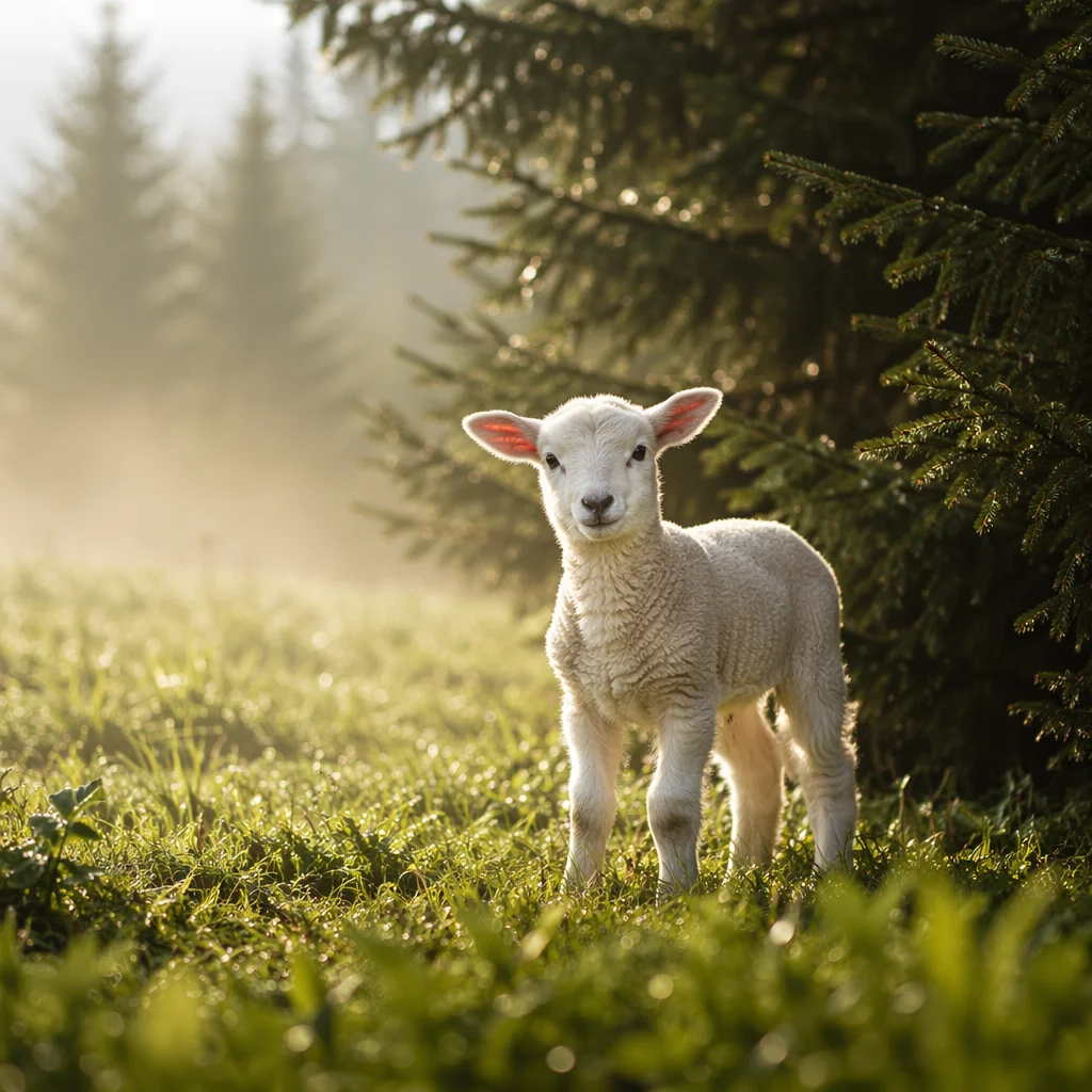 White Lamb in Meadow Morning Light