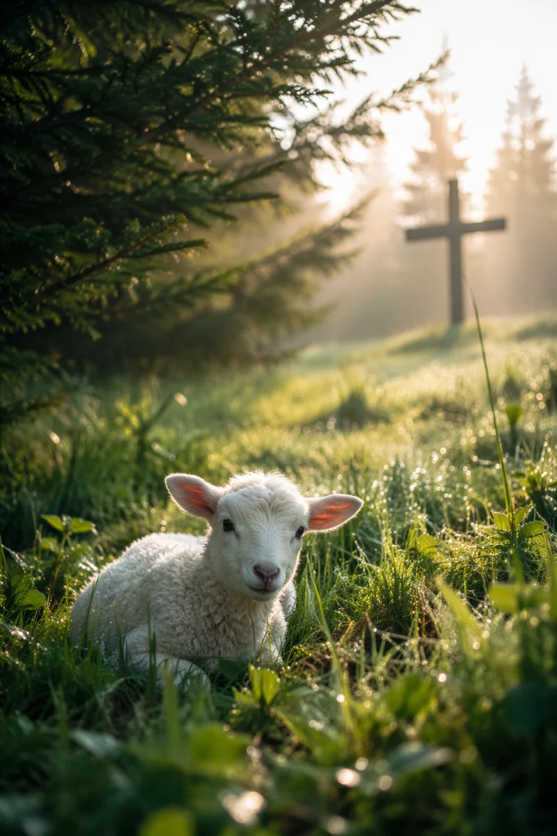White Lamb in Evergreen Meadow Light