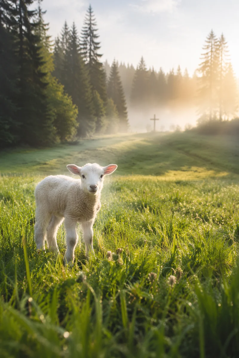 White Lamb in Evergreen Meadow Light