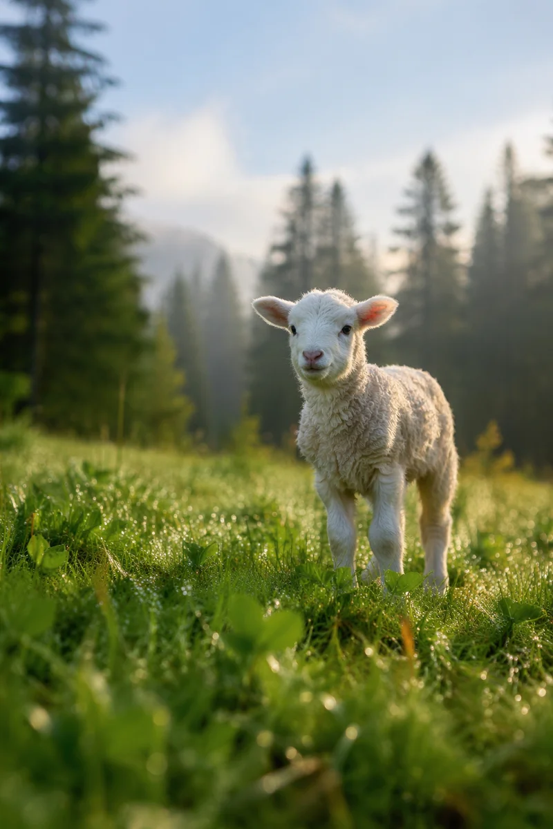 White Lamb in Evergreen Meadow Light