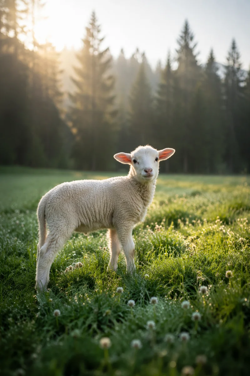 Young Lamb in Evergreen Morning Meadow