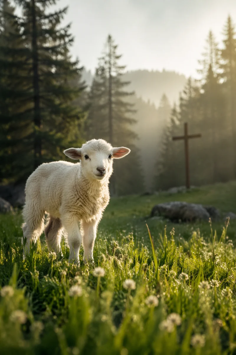 Gentle Lamb in Evergreen Meadow Light