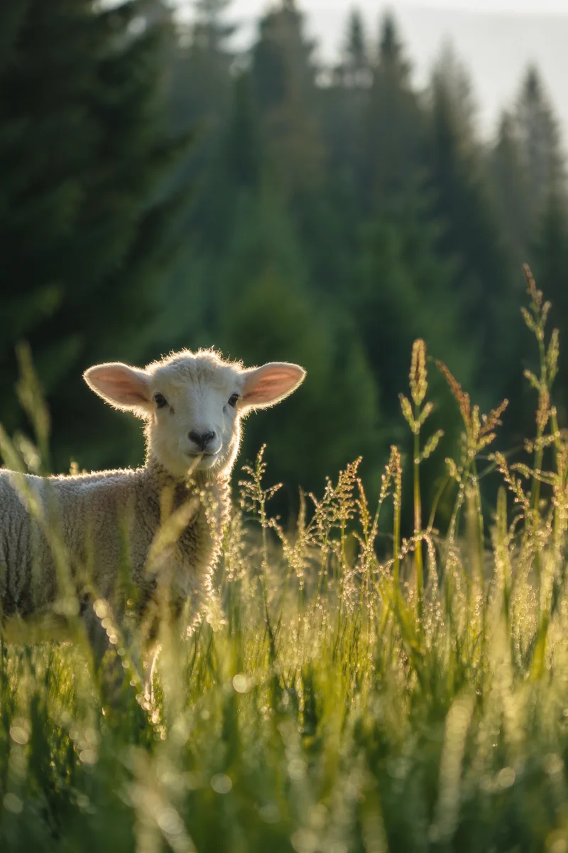 Gentle Lamb in Sunlit Evergreen Meadow