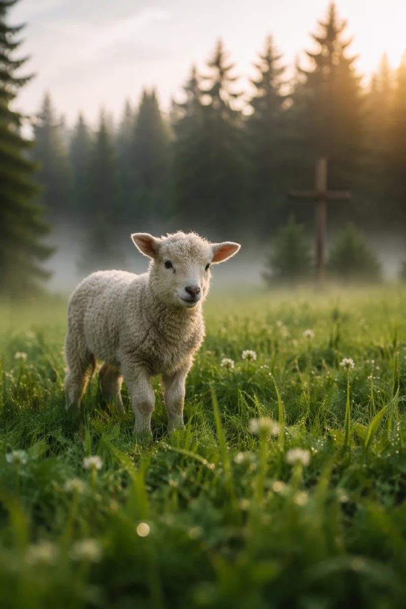White Lamb in Evergreen Meadow Light
