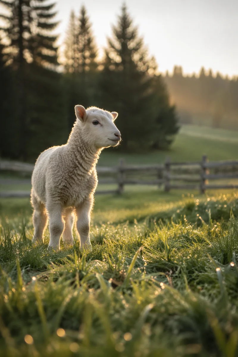 Gentle Lamb in Evergreen Meadow Light