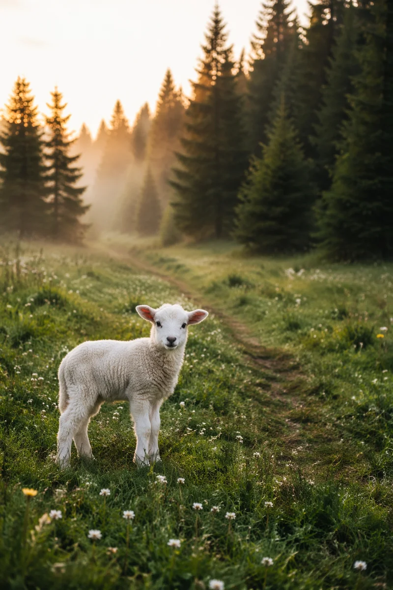 Gentle Lamb in Evergreen Meadow Light