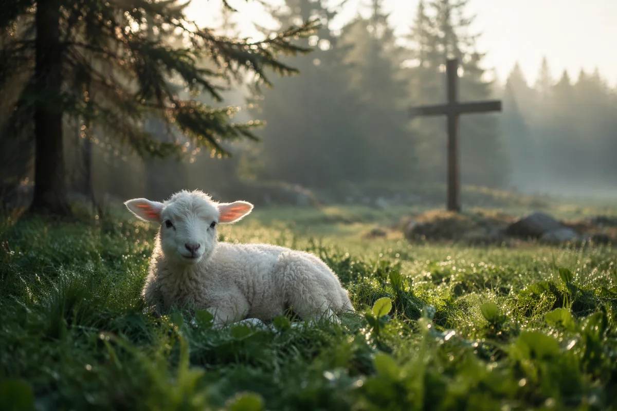 White Lamb in Meadow Morning Light