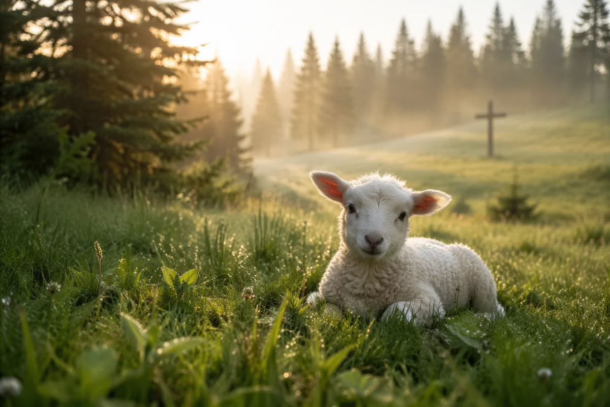 Gentle Lamb in Evergreen Morning Meadow